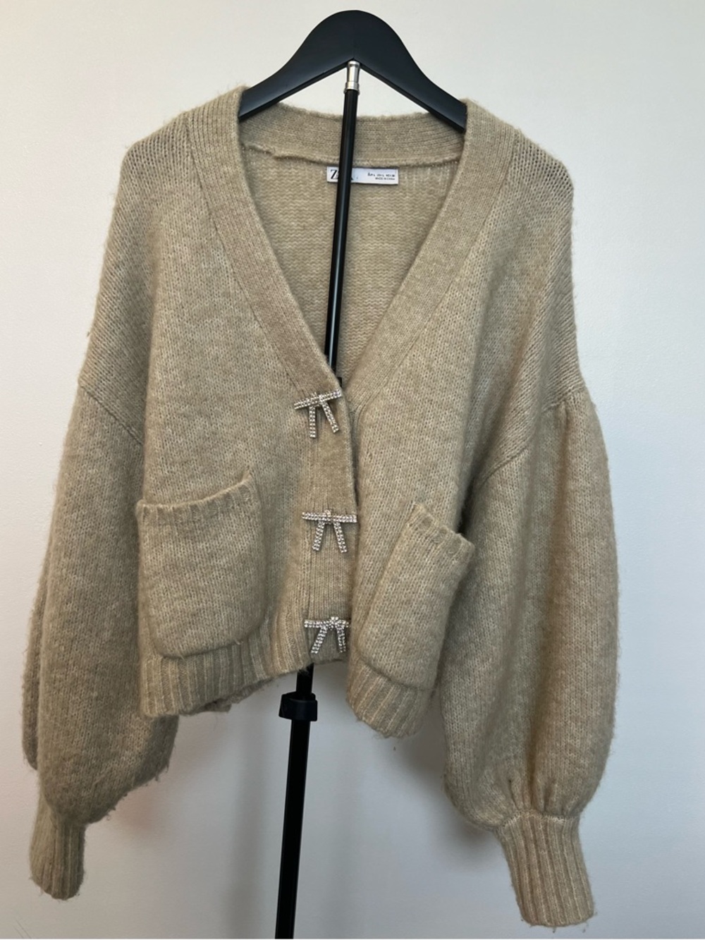Zara Cozy Beige Bow-Closure Cardigan Sweater